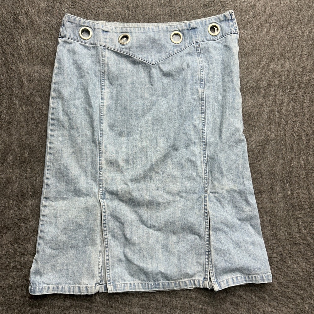 Vintage Tommy Hilfiger Denim Skirt‎ Size 8 Nautical Jean Big Grommet Trumpet y2k